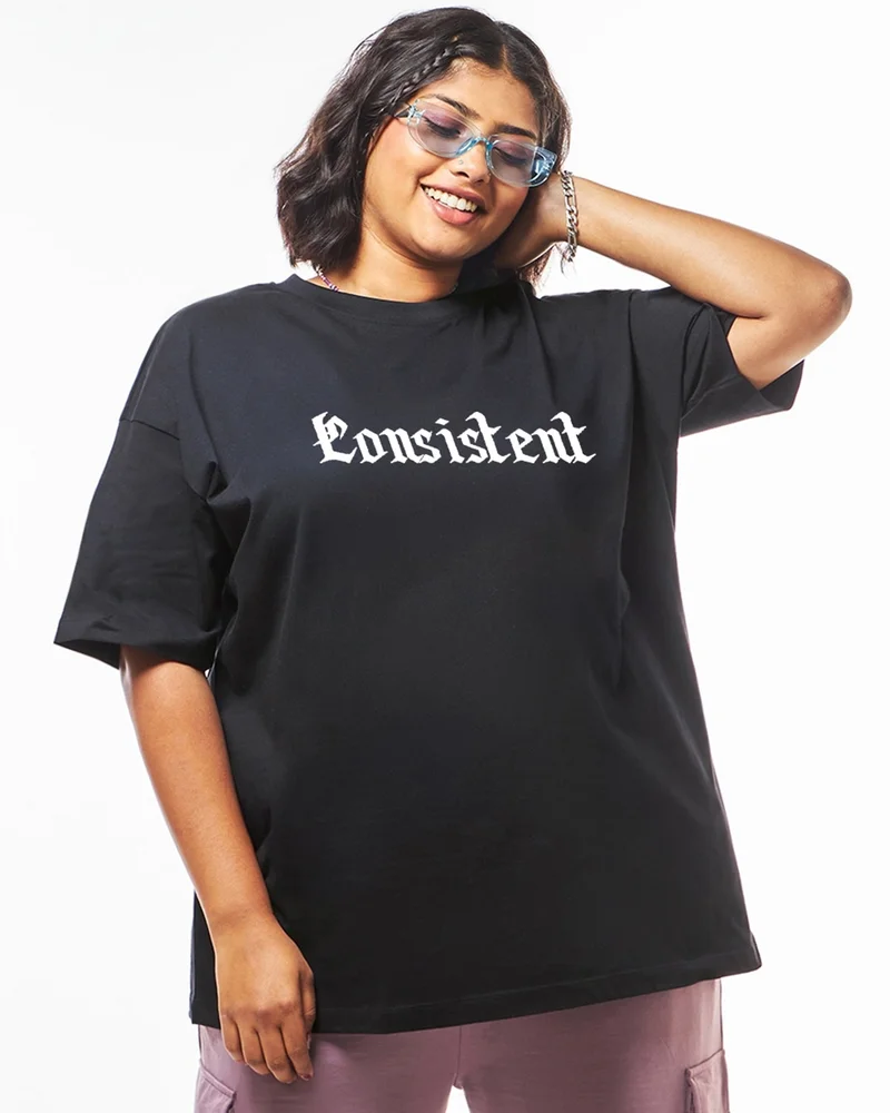 بيواكوف Women's Black Consistent Graphic Printed Oversized Plus Size T-shirt